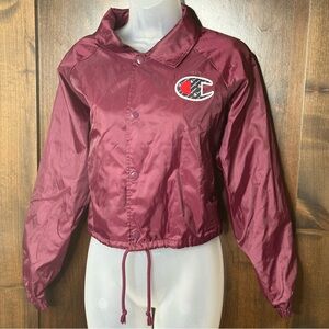 Vintage Champion Women's Burgundy Bomber Jacket size S oversized cropped